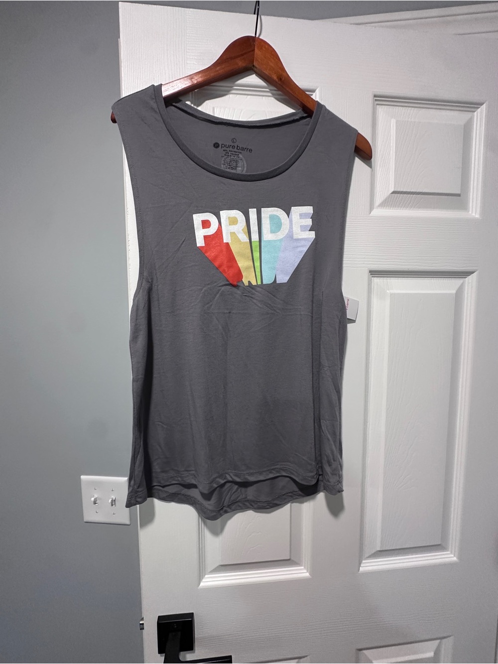 Pure Barre Gray Tank with Multicolor PRIDE Fan Graphic